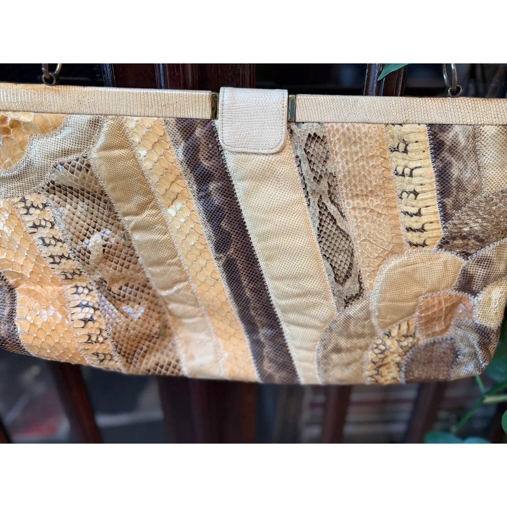 Vintage Snakeskin Patchwork‎ Handbag Gold Frame Exotic Skin Shoulder Bag Tan